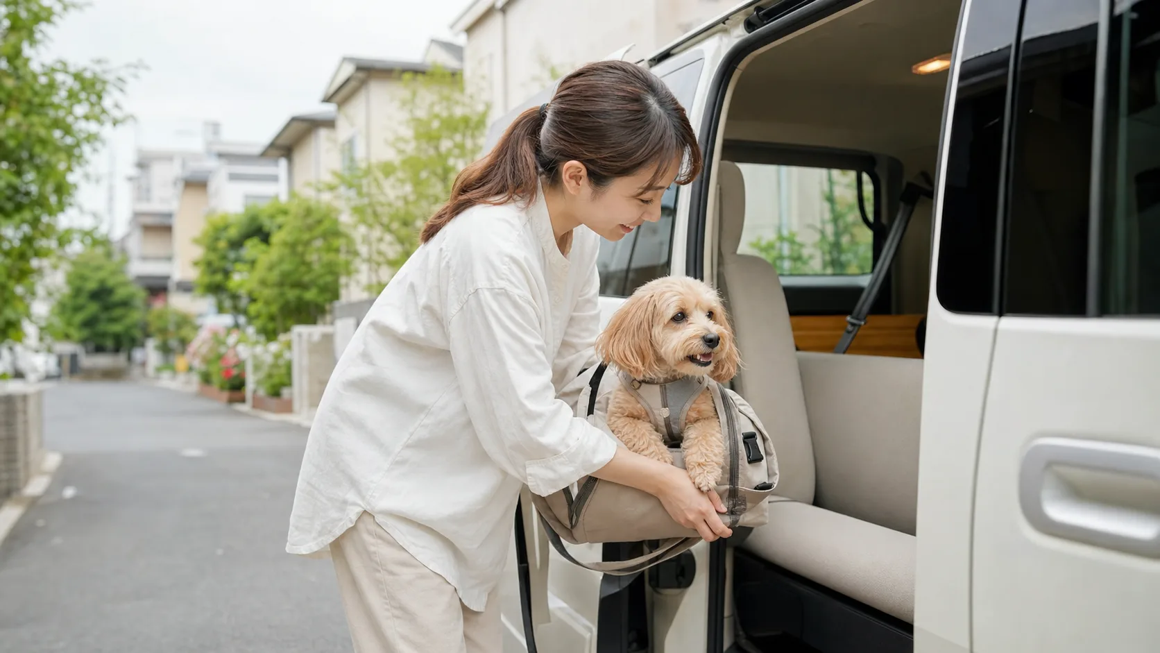 飼い主が犬をペットタクシーの車内へやさしく乗せる様子