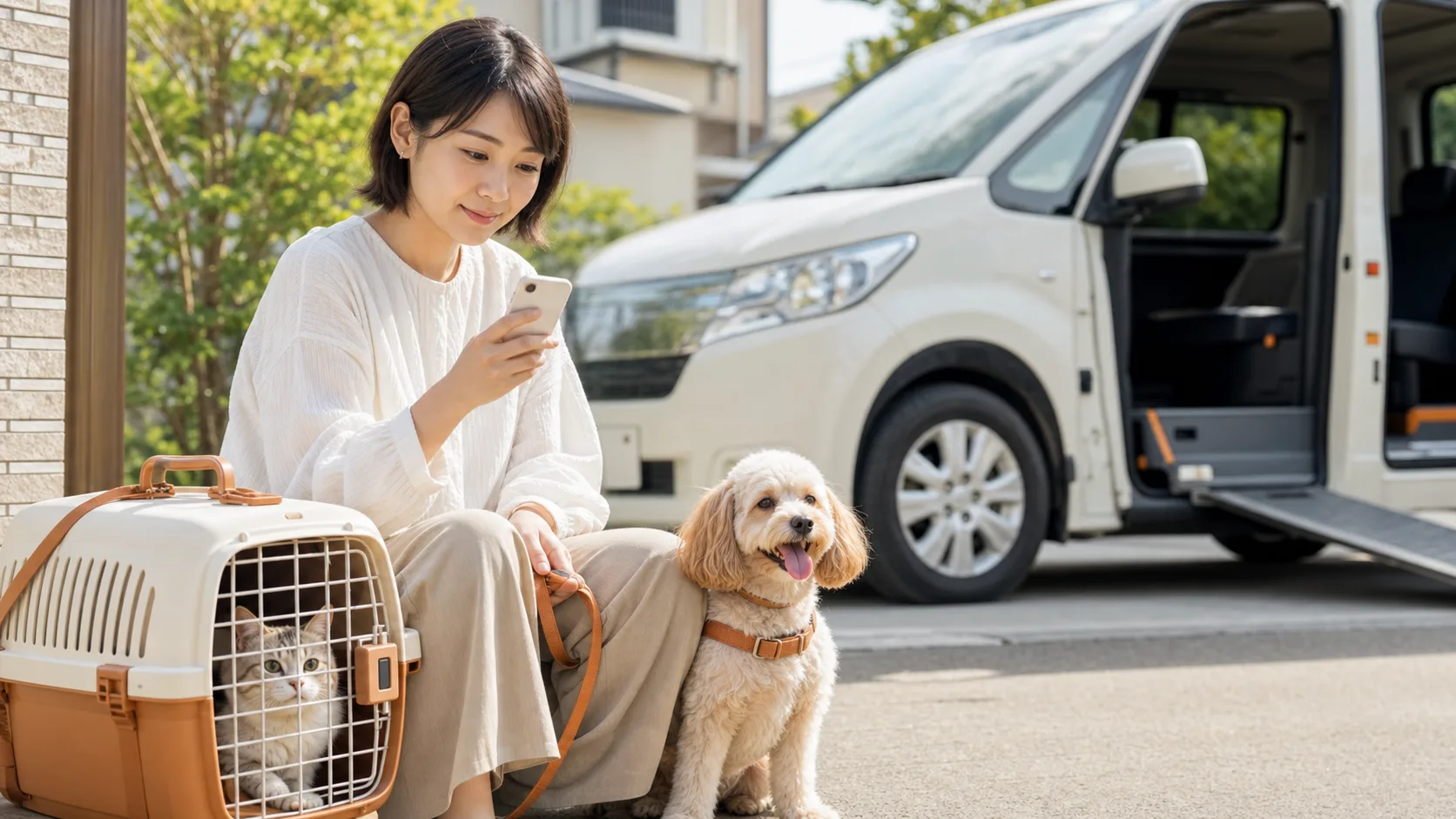 飼い主が犬と猫用キャリーのそばでスマートフォンを確認する様子