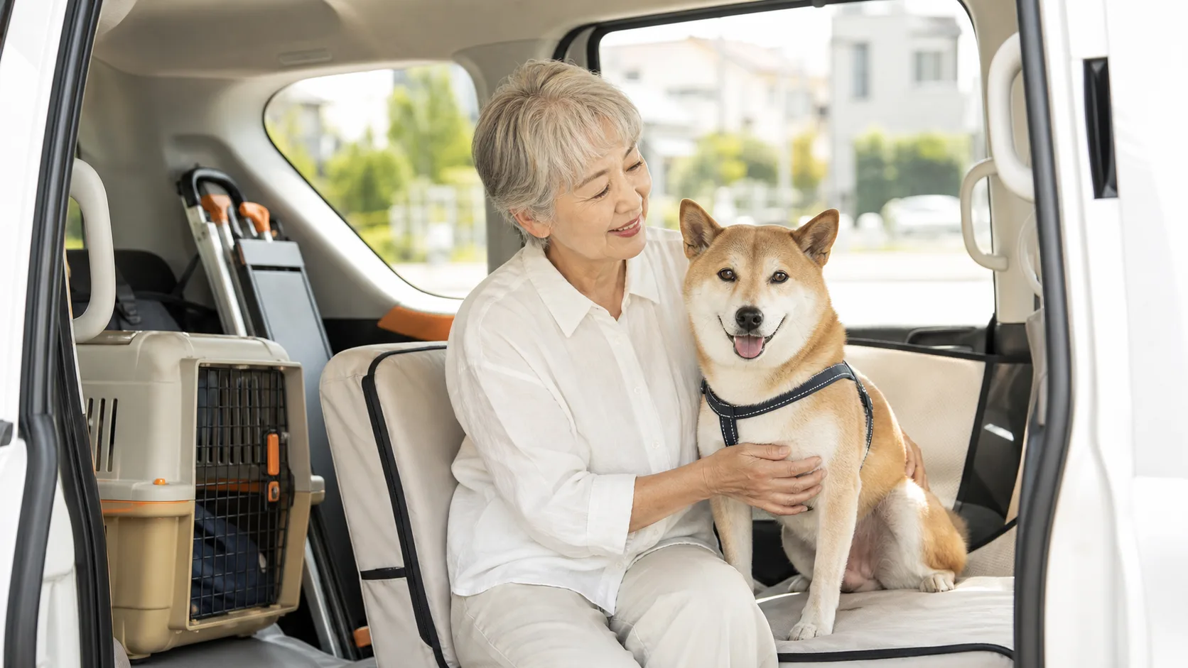 ペットタクシーの車内で飼い主が犬に寄り添う様子